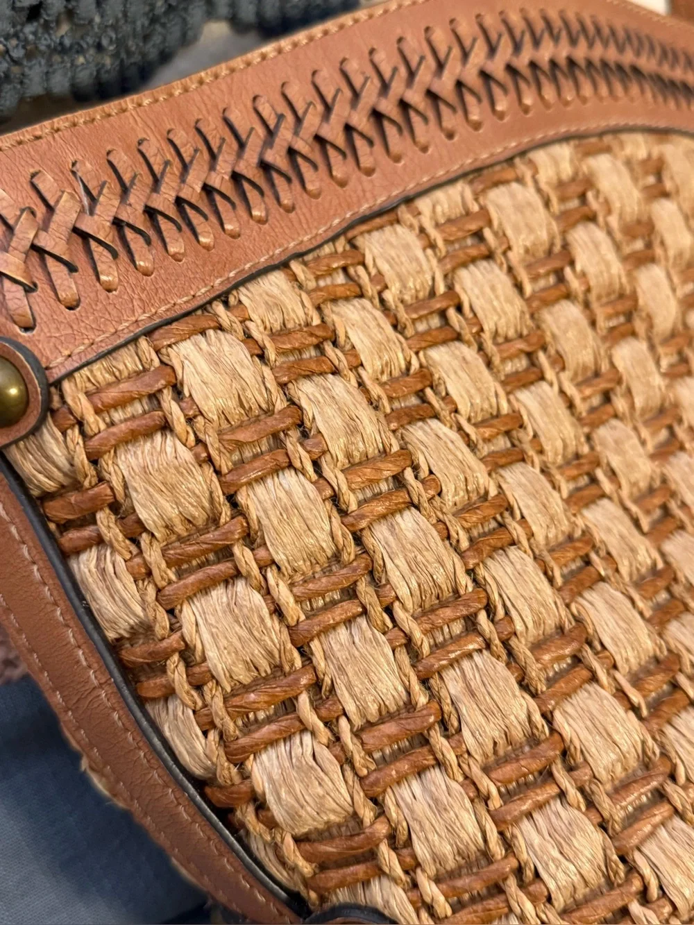 Vintage Fossil Woven Raffia & Leather Shoulder Bag - Brown